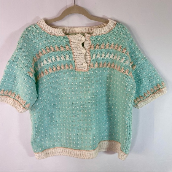 Vintage 70s crochet knit pastel kawaii sweater top short sleeve shirt handmade - Picture 3 of 5